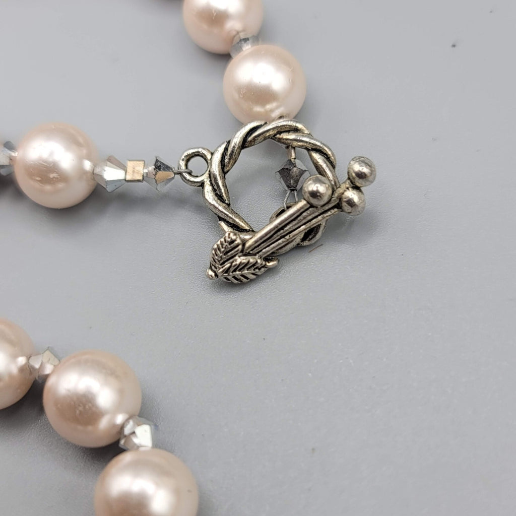 Pink Stone Bead Necklace Faux Pearl Silver tone Toggle Closure 18"