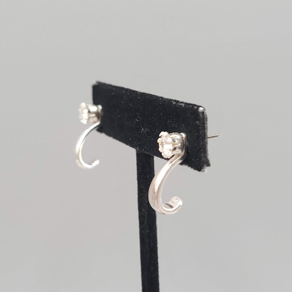 Silver tone Pierced Earrings Convertible Curved Jacket Crystal Minimalist 5/8"