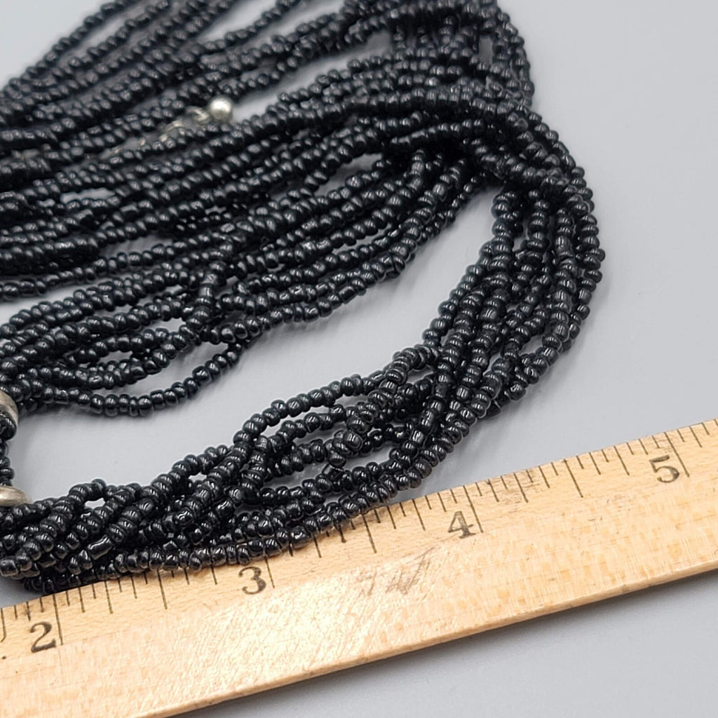 Multi Strand Black Seed Bead Necklace Oval Pendant Silver tone 18"