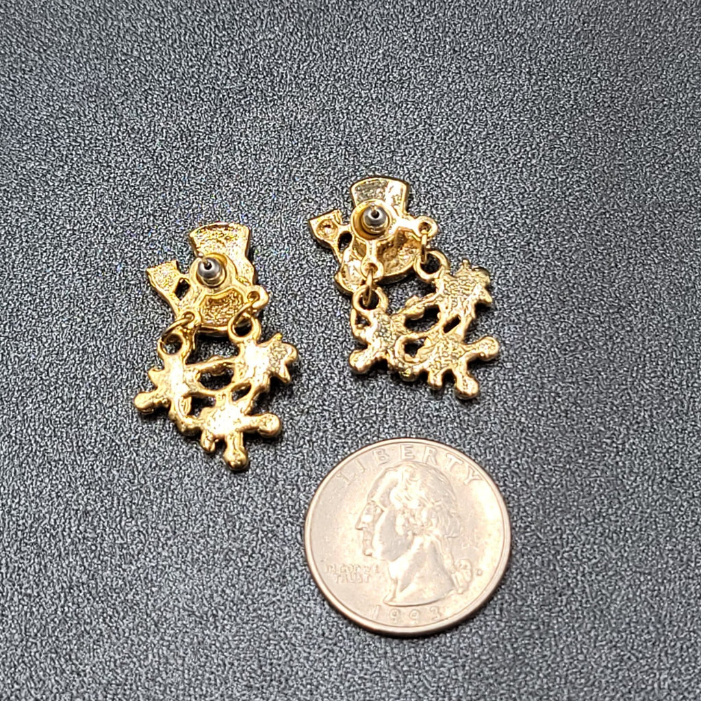Snowman Pierced Earrings Gold tone Enamel Jacket Back Dangle 1.25"