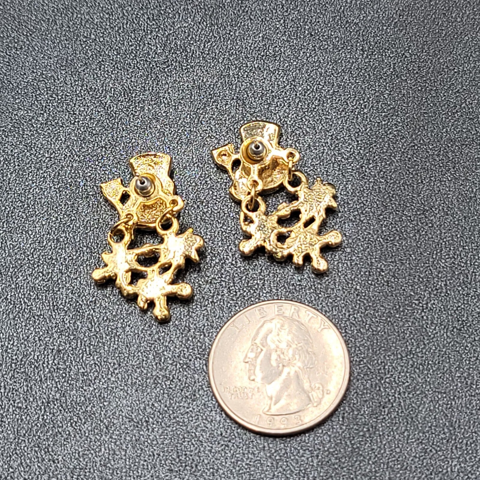 Snowman Pierced Earrings Gold tone Enamel Jacket Back Dangle 1.25"