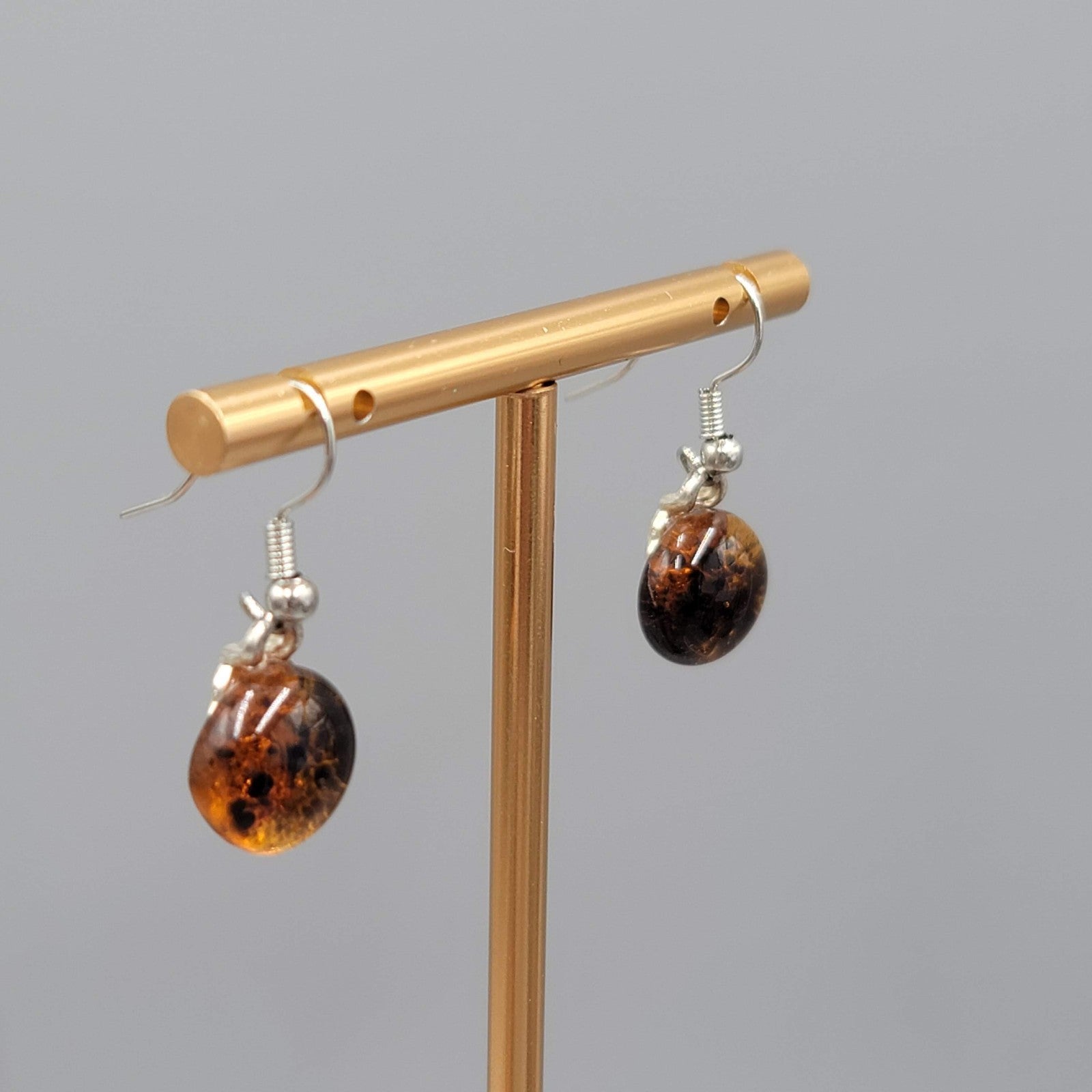 Round Brown Glass Pierced Earrings Silver tone Dainty Dangle 1/2"