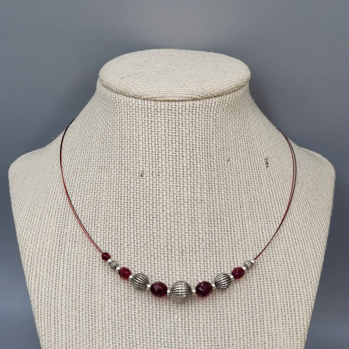Bead Necklace Silver tone Red Faceted Beads Red Cord 18"