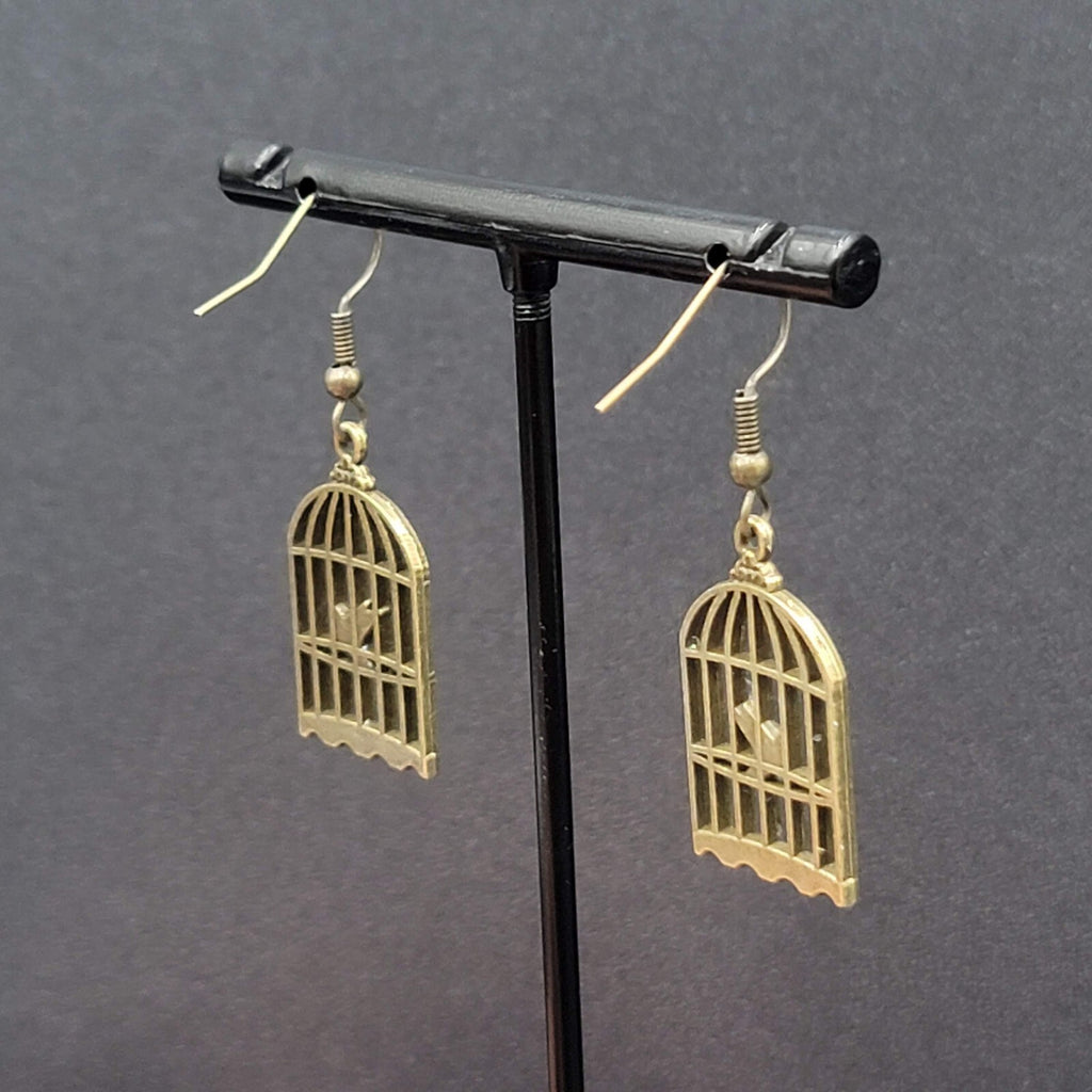 New Bird in the Cage Pierced Earrings Bronze tone Dangle 1"