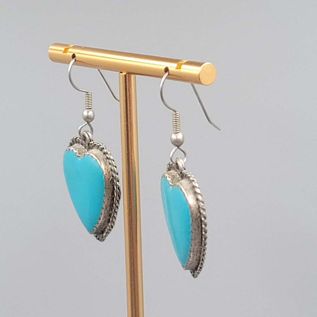 Vintage Heart Pierced Earrings Blue Enamel Southwest Statement Dangle  1 1/8"