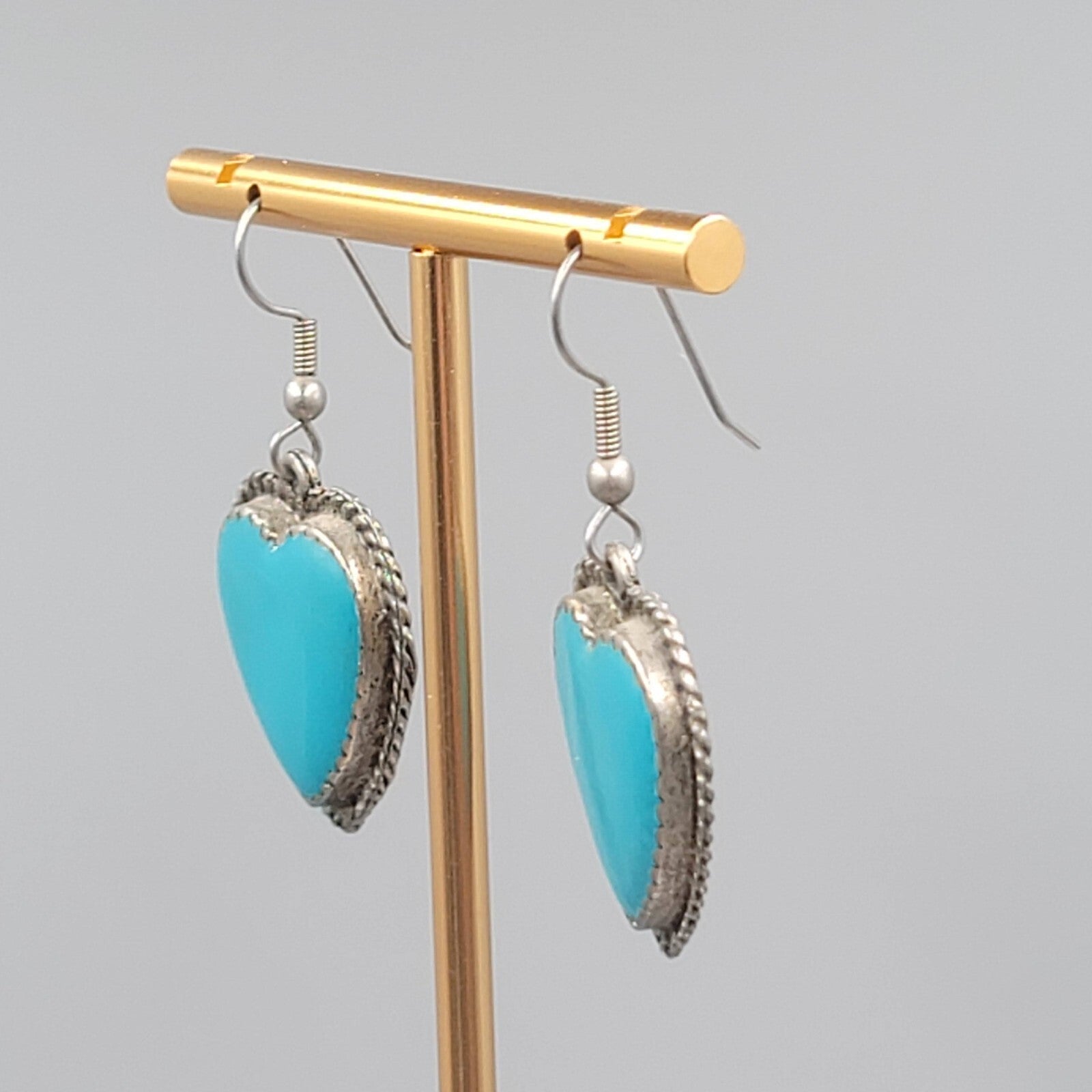 Vintage Heart Pierced Earrings Blue Enamel Southwest Statement Dangle  1 1/8"