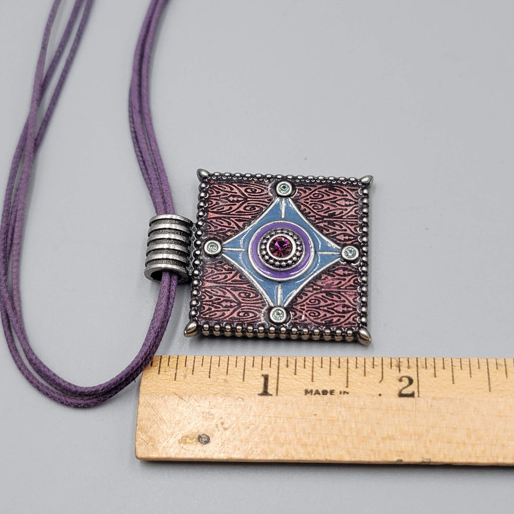 Lia Sophia Necklace Purple Cord Square Enamel Pendant Rhinestone  16"-19"