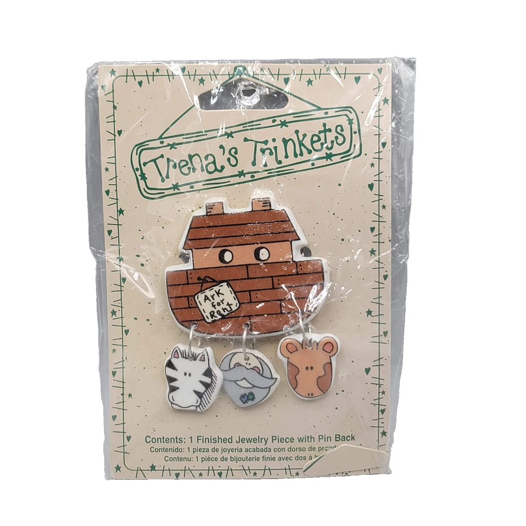 Vintage Trena’s Trinkets Noah's Ark Ceramic Pin Brooch 1997  2.75"