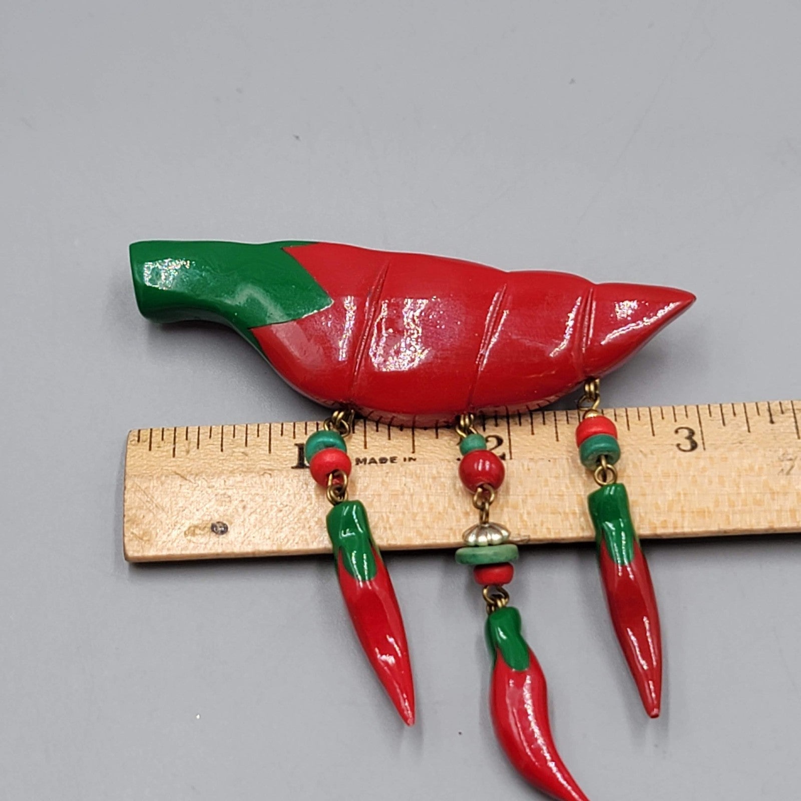 Vintage Red Chili Pepper Brooch Hand Painted Wood Statement 3"