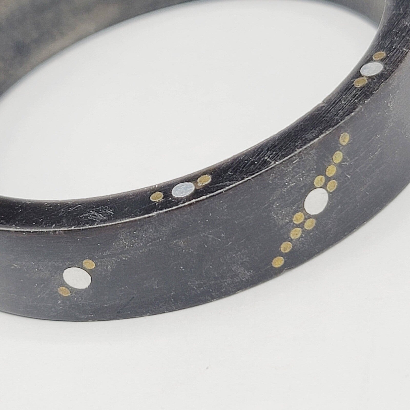 Wood Bangle Bracelet Inlay Brass and Nickel Boho Ethnic Unique 8 in