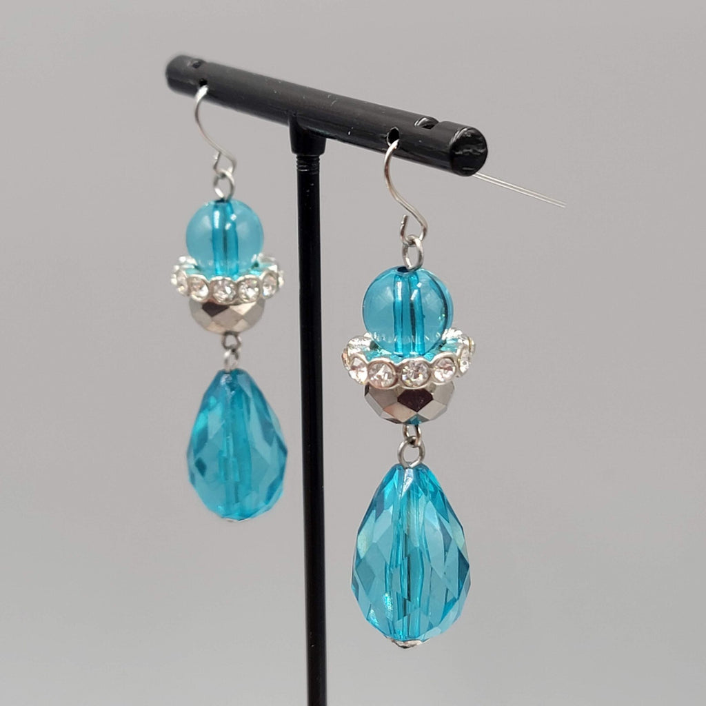 Pierced Earrings Silver tone Rhinestones Blue Faceted Acrylic Teardrop 1.75"