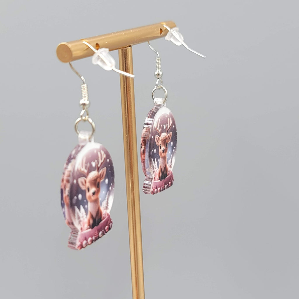 Christmas Snow Globe Reindeer Pierced Earrings Silver tone Dangle 1.25 in