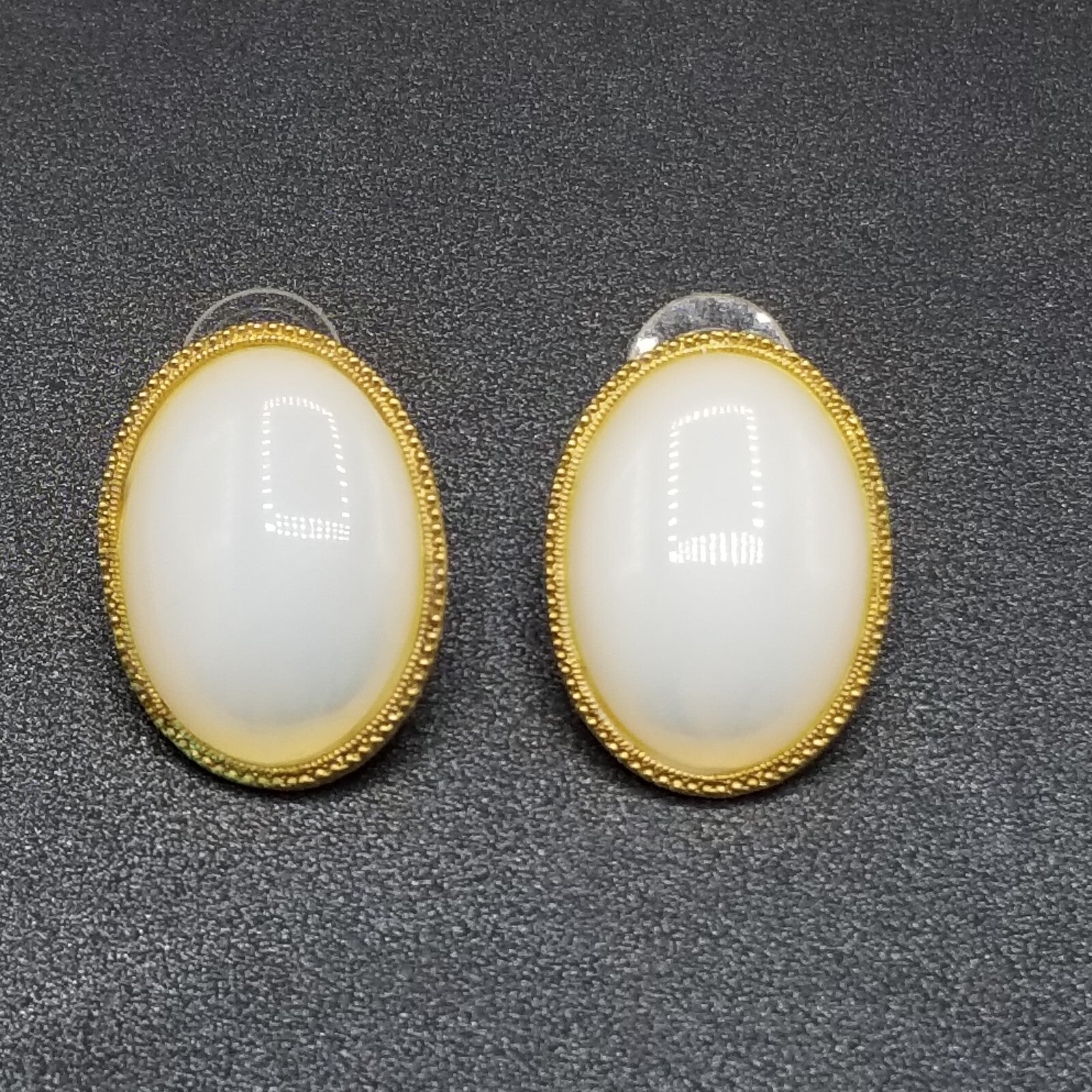 Pierced Earrings Gold tone White Glass Cabochon Drop 1 1/8"