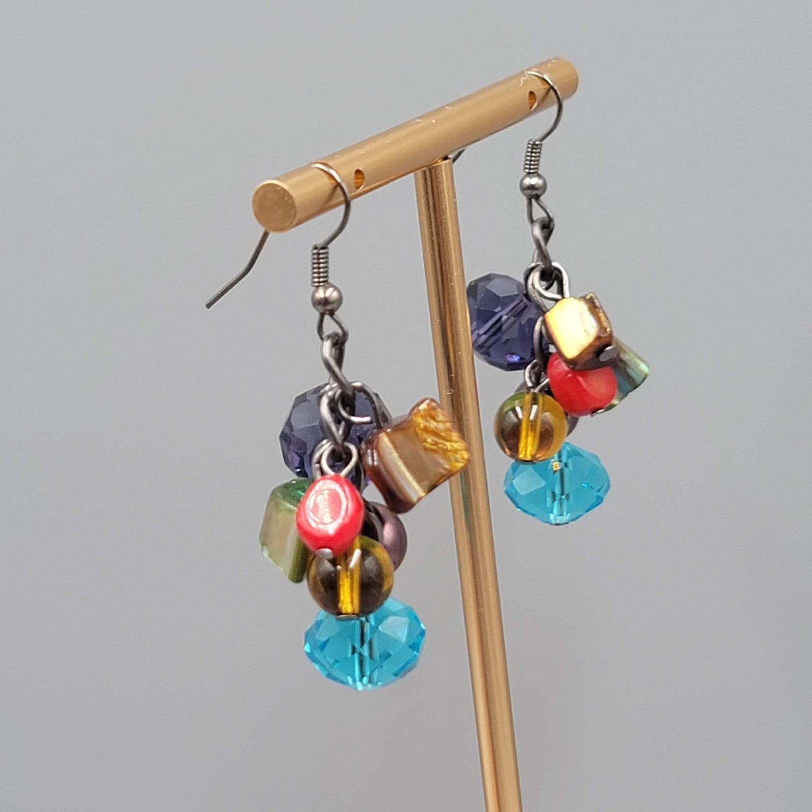 Multicolor Shell and Glass Bead Pierced Earrings Dangle 1.5 in