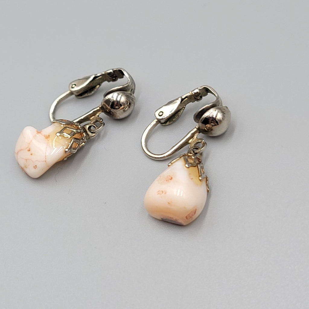 Vintage White Stone Nugget Dangle Clip on Earrings Silver tone 3/4"
