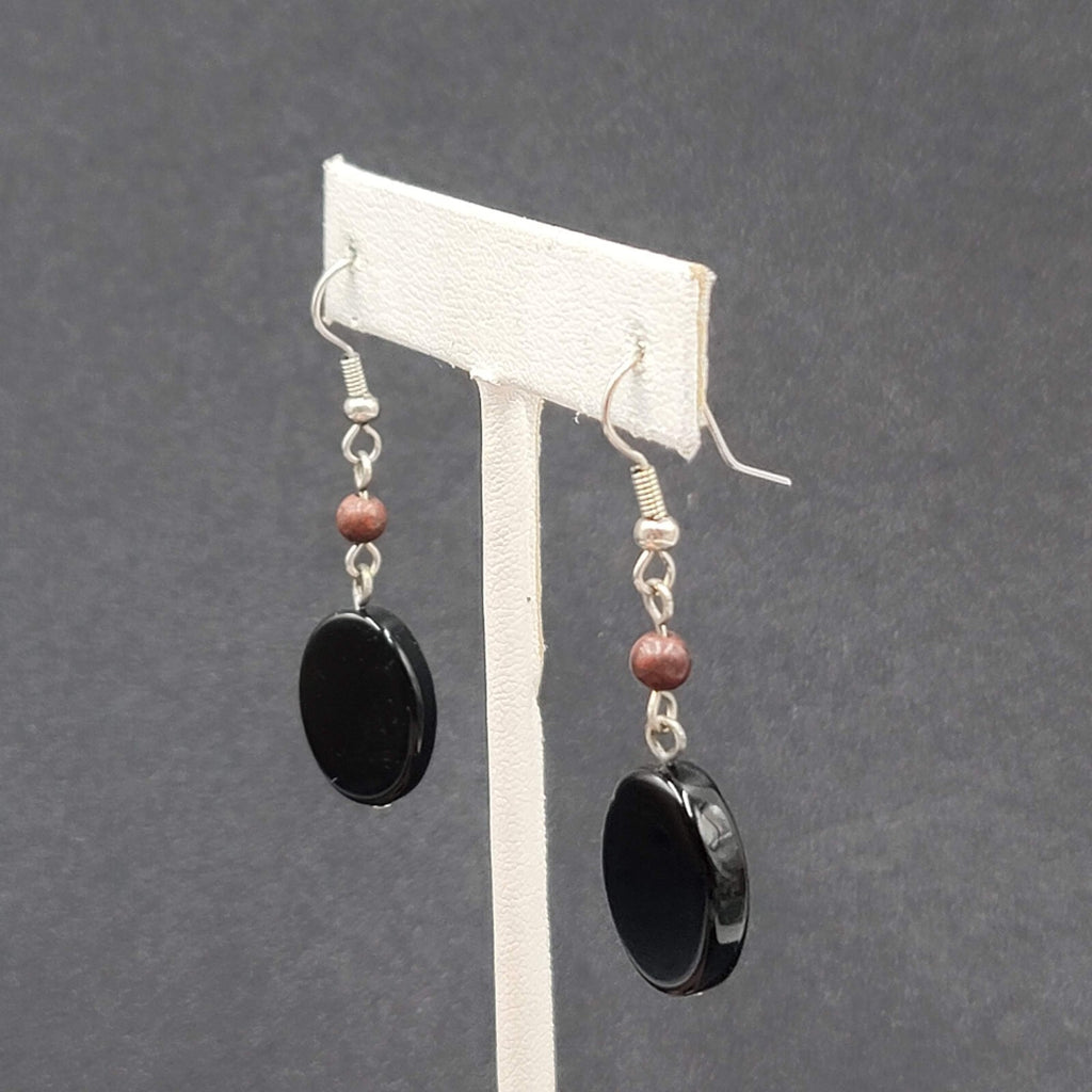 Pierced Earrings Silver tone Black Glass Oval Bead Dangle 1.25"