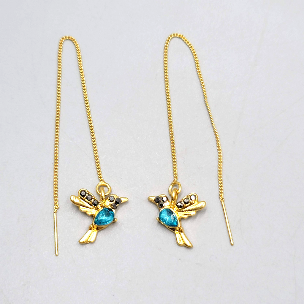 Crystal Bird Threader Pierced Earrings Gold tone Dangle 