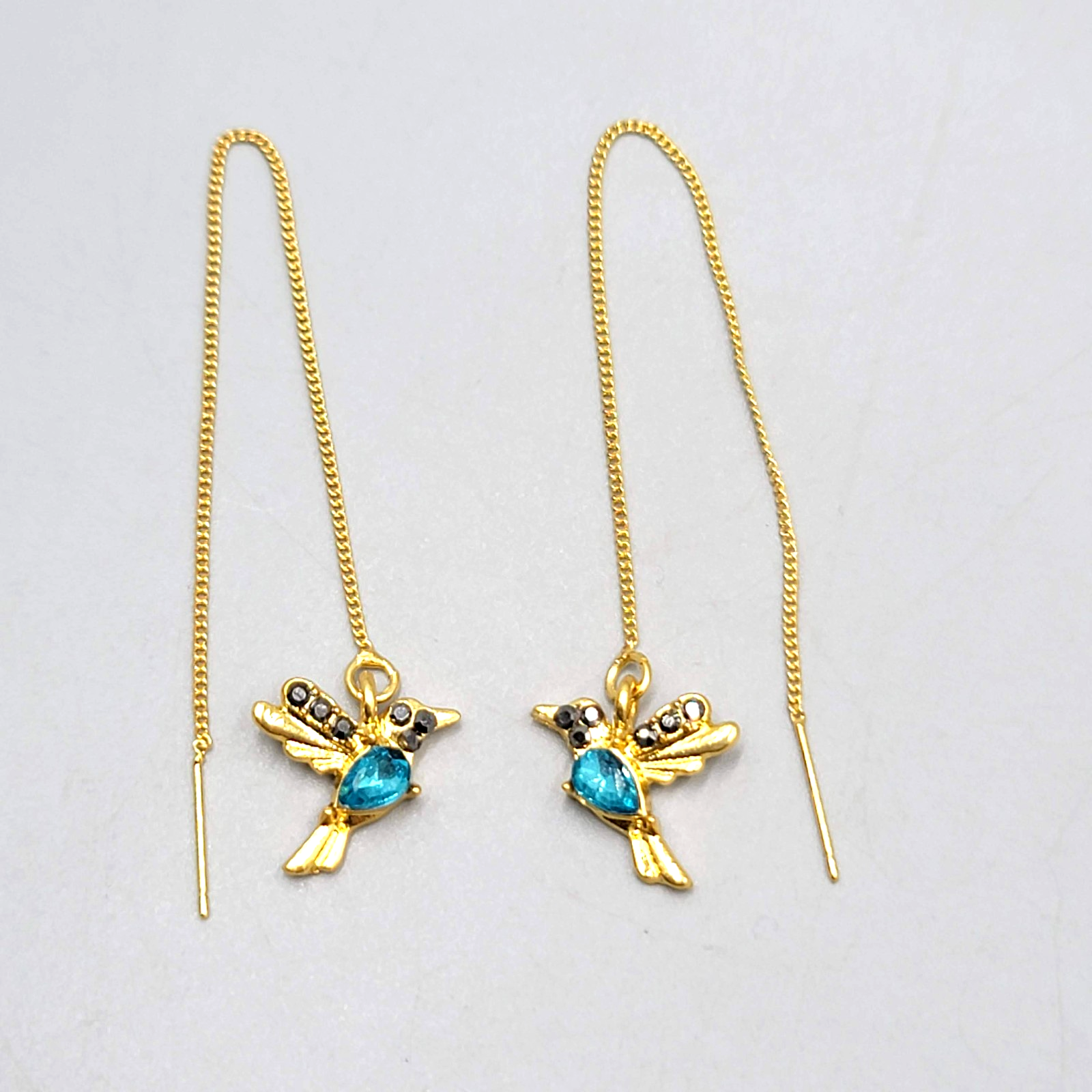Crystal Bird Threader Pierced Earrings Gold tone Dangle 