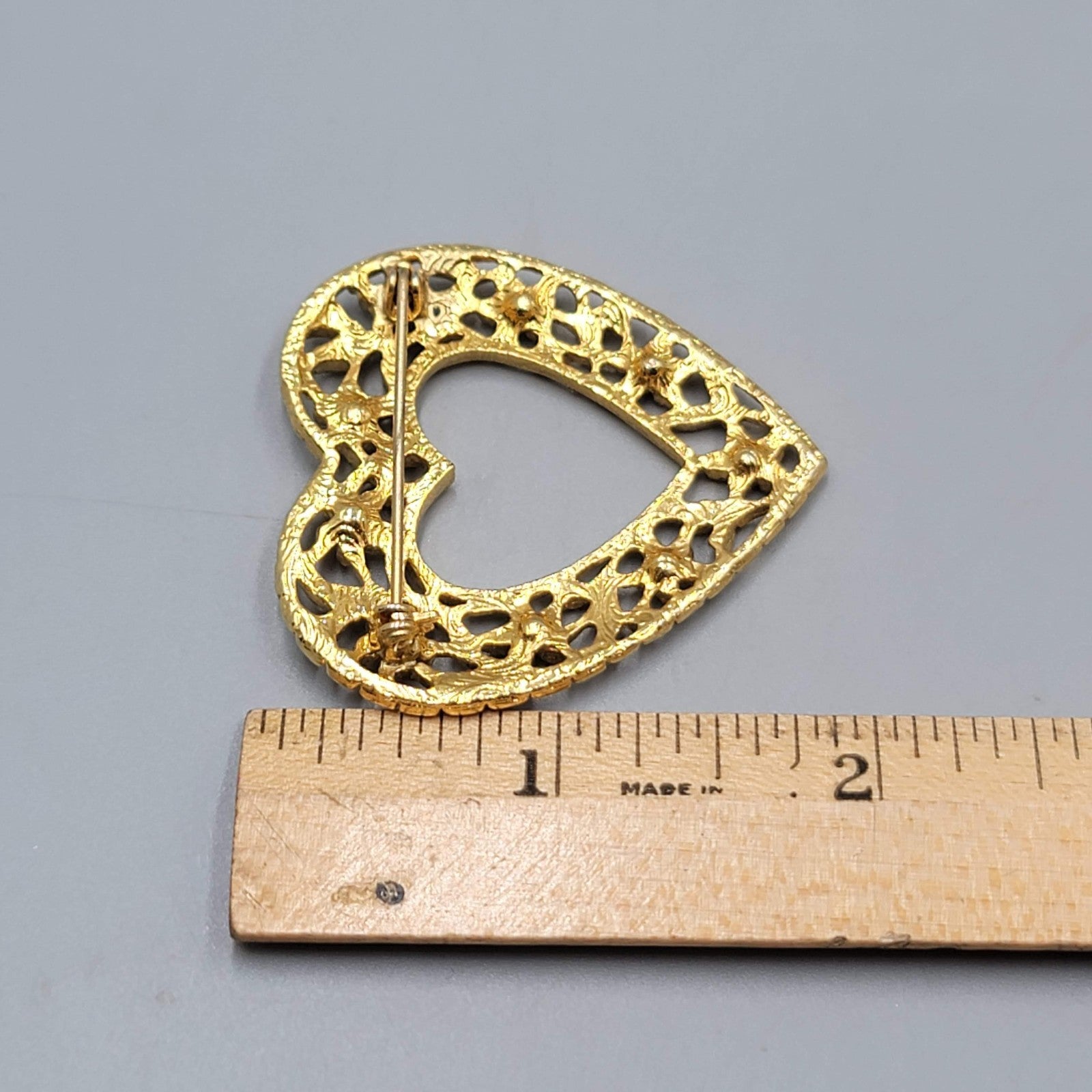 Vintage Heart Rhinestone Brooch Open Work 1.75"