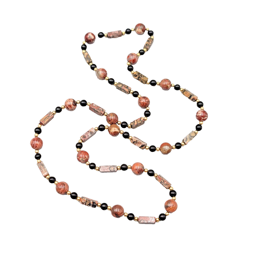 Leopard Skin Jasper Stone Bead Necklace Gold tone 30 in