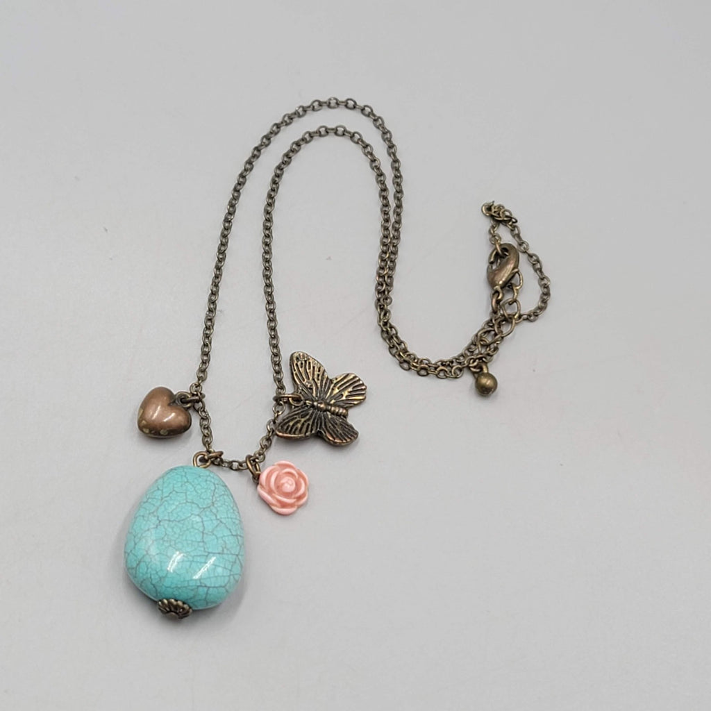 Bronze tone Charm Pendant Necklace Blue Stone Butterfly Heart Flower 16"-18"