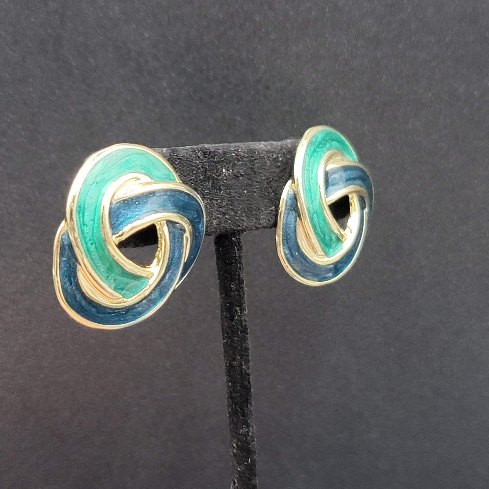 Vintage Pierced Earrings Gold tone Green Blue Enamel Twist Open Work Knot 1 1/8"