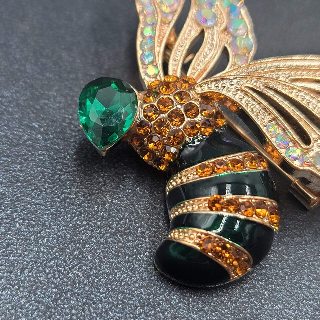 Crystal Rhinestone Brooch Bee Green AB Black Enamel 2"