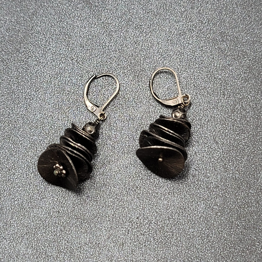 Pierced Earrings Black Metal Layered Wavy Discs Dangle 1 1/8"
