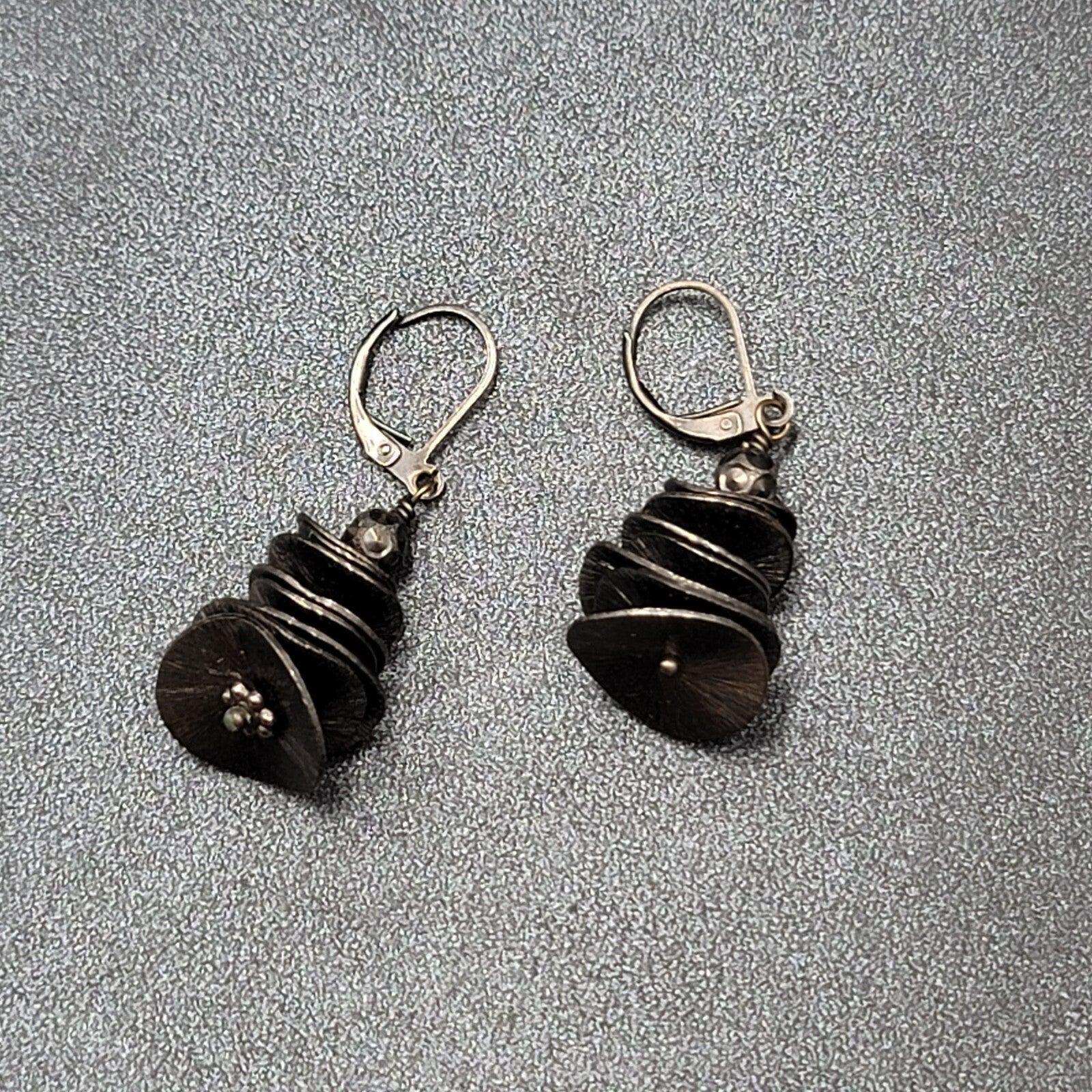 Pierced Earrings Black Metal Layered Wavy Discs Dangle 1 1/8"