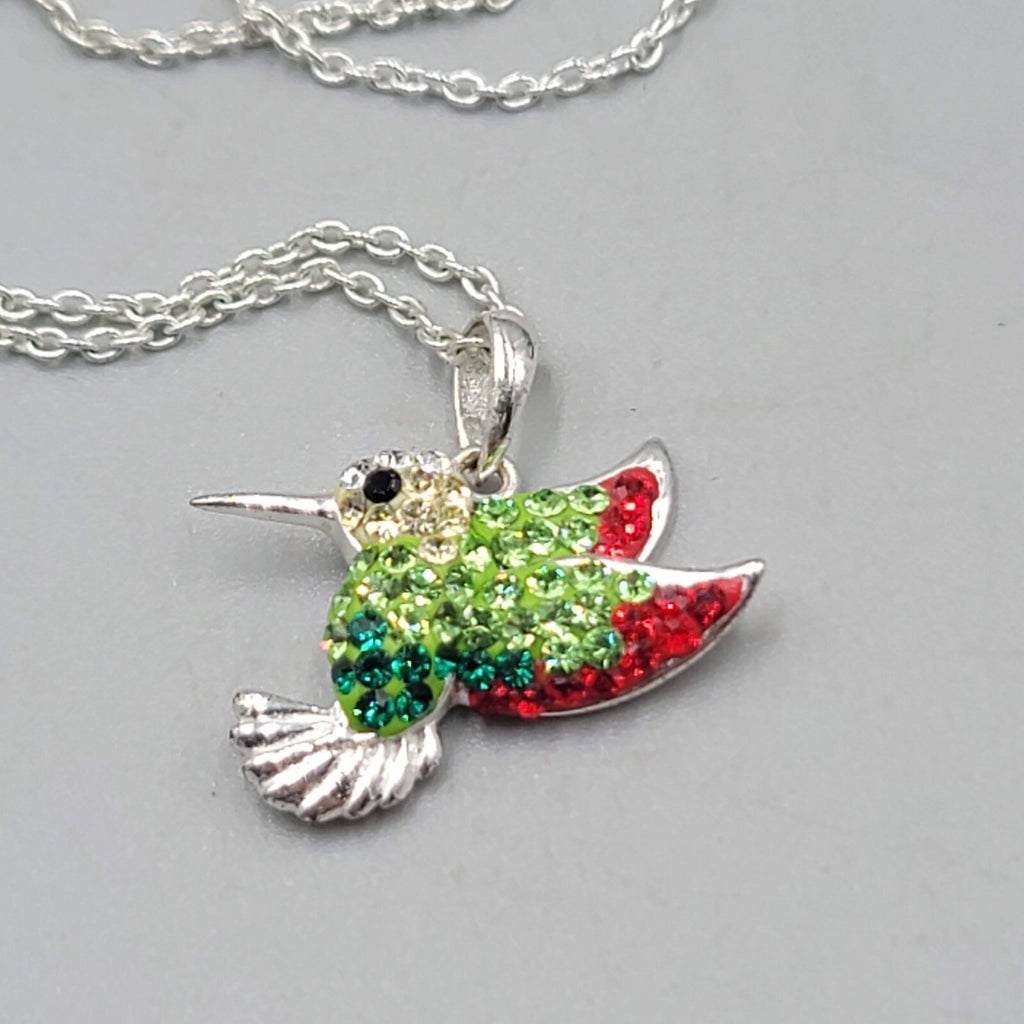 Hummingbird Necklace Silver tone Multicolor Rhinestone Bird 18"