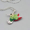 Hummingbird Necklace Silver tone Multicolor Rhinestone Bird 18"