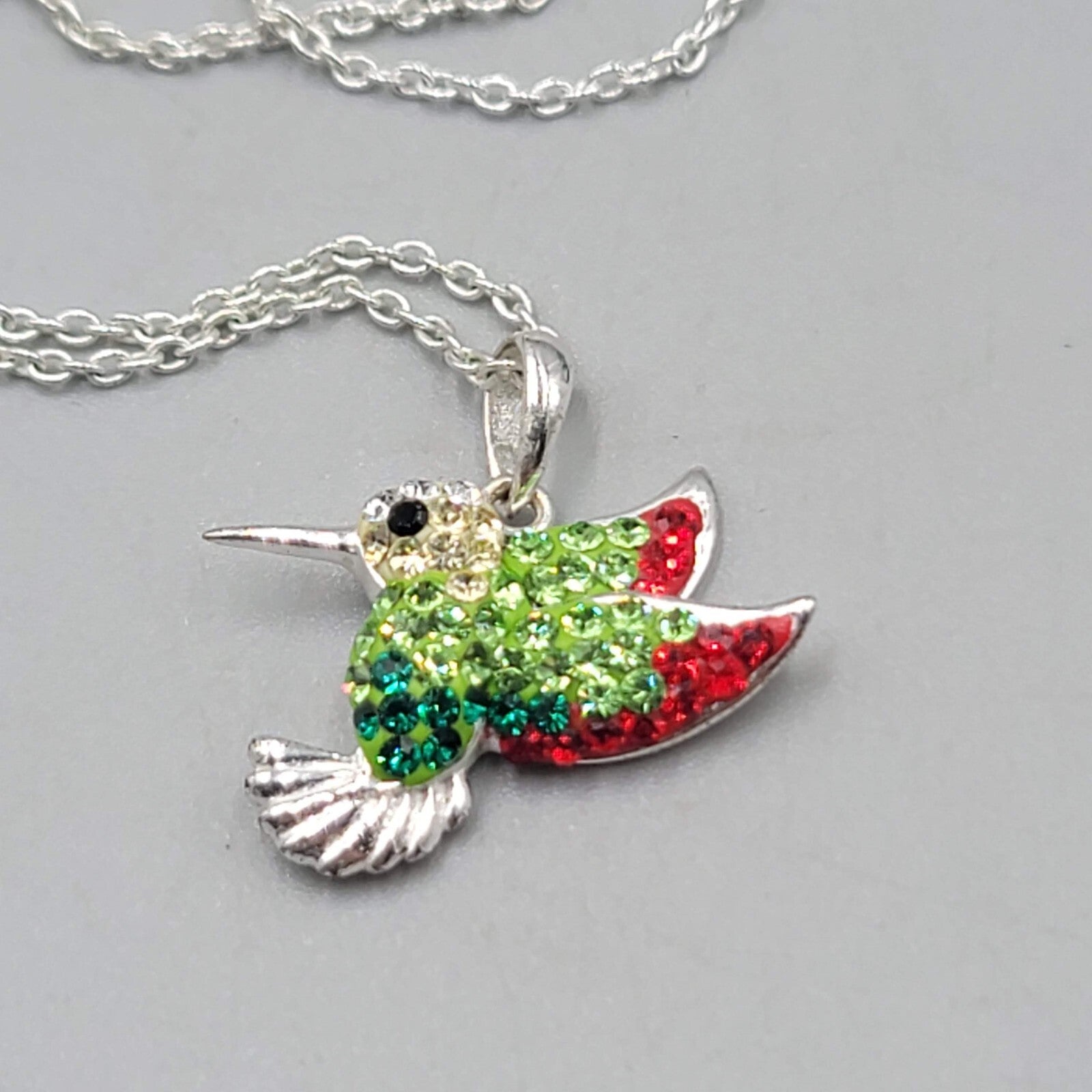 Hummingbird Necklace Silver tone Multicolor Rhinestone Bird 18"