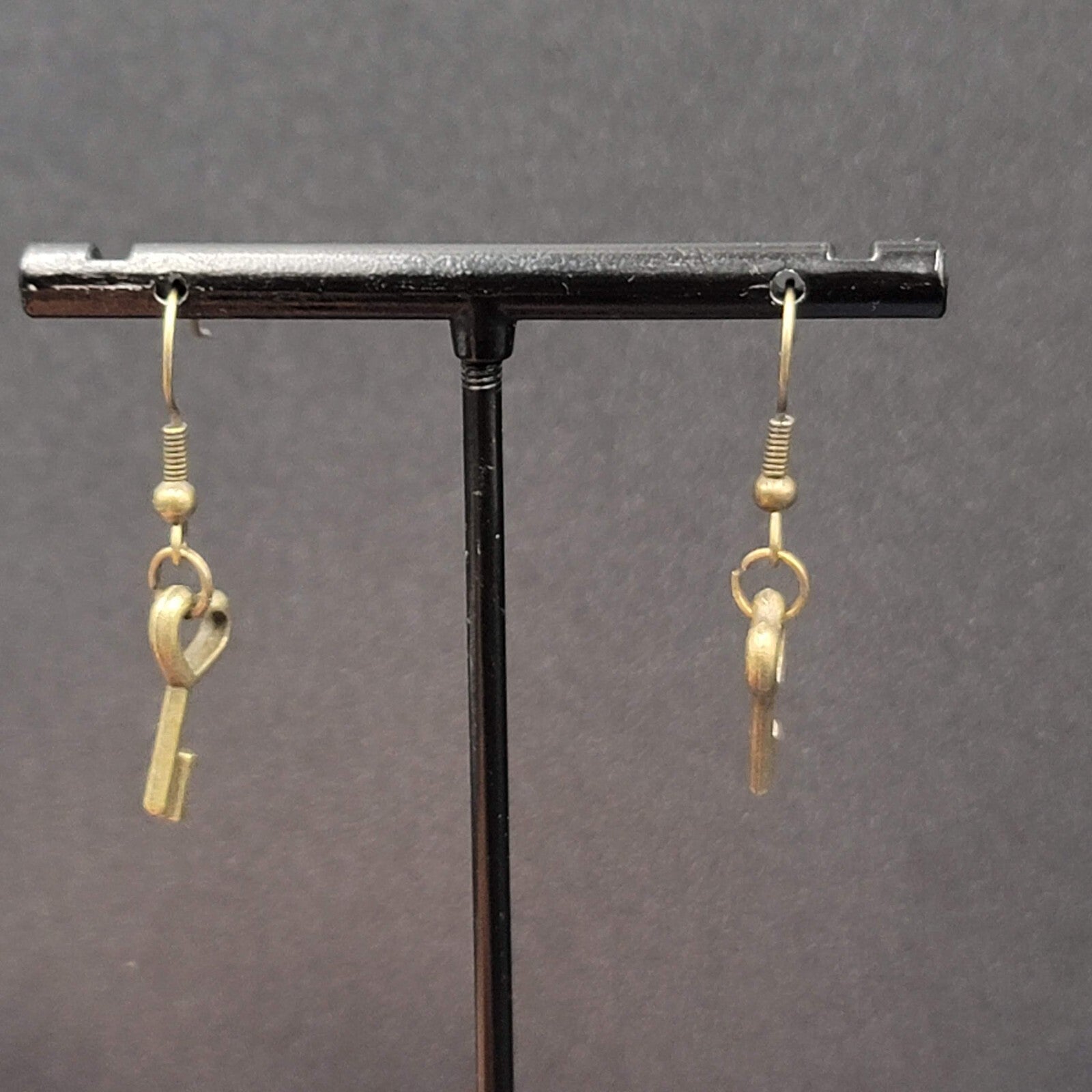 New Pierced Earrings Bronze tone Heart Skeleton Key Dangle 5/8"