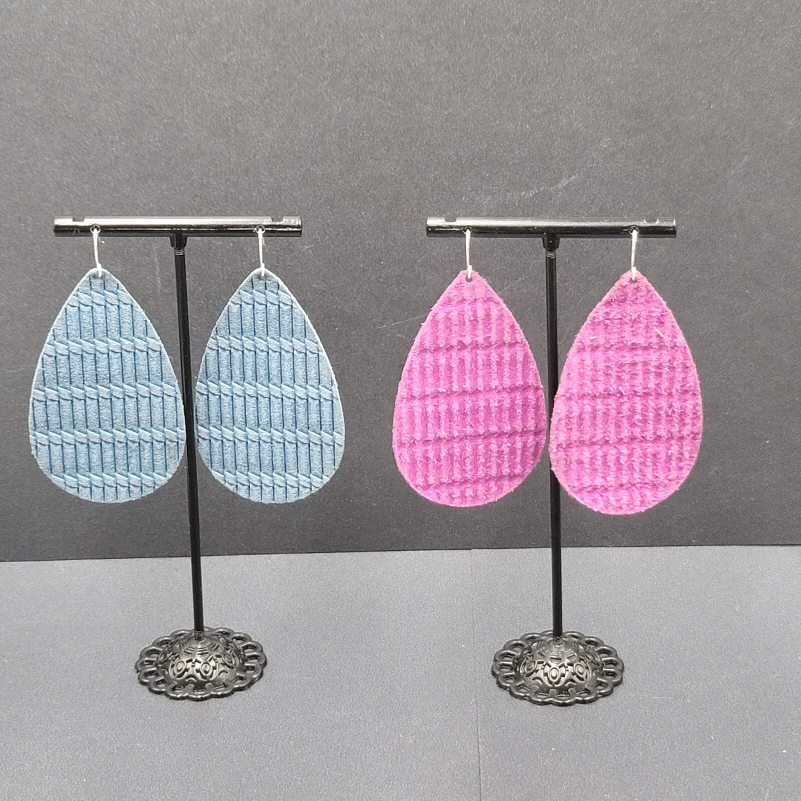 Pierced Earrings Purple Blue Teardrop Fabric Dangle 2.5"