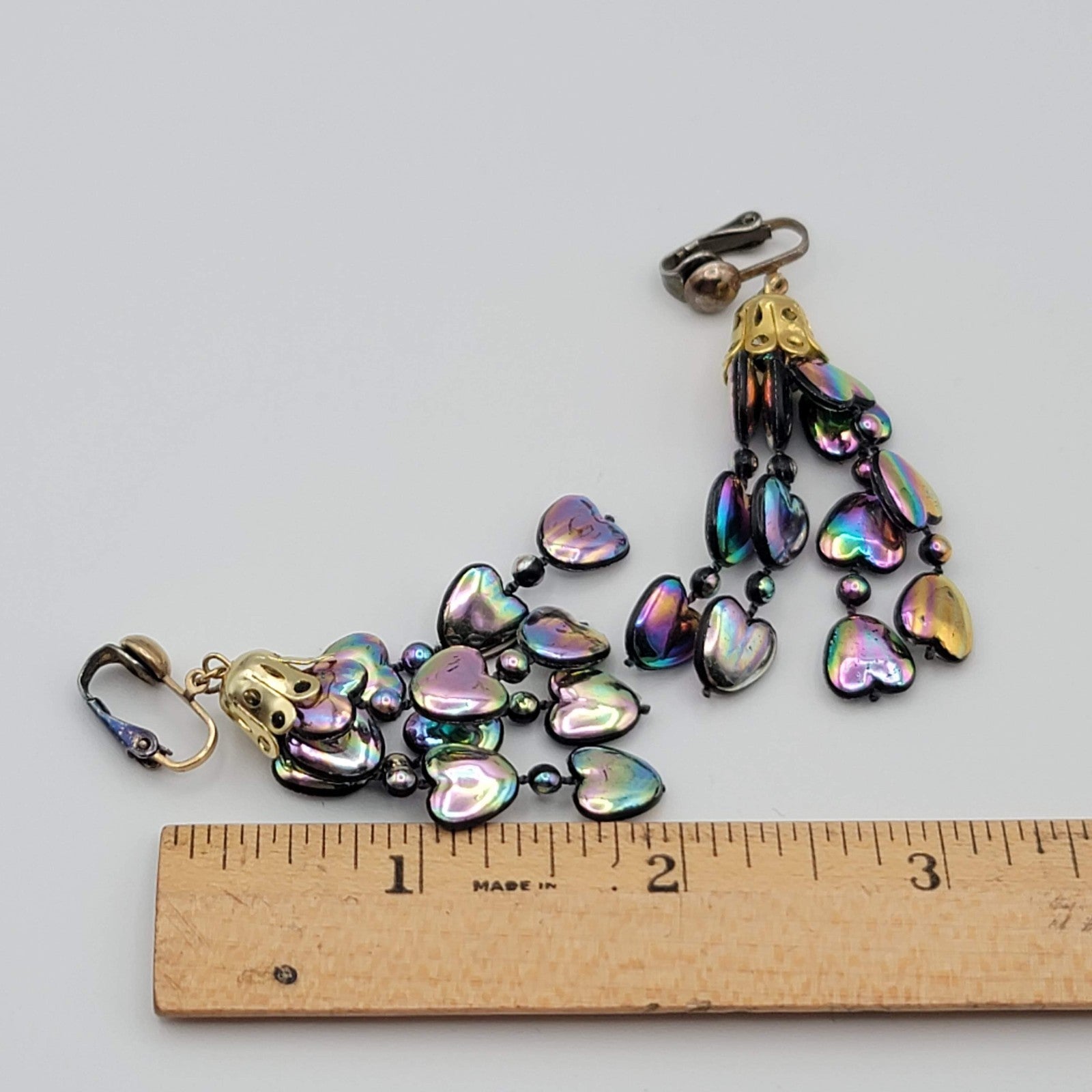 Vintage Rainbow Hearts Clip on Earrings Gold tone Dangle 2 in