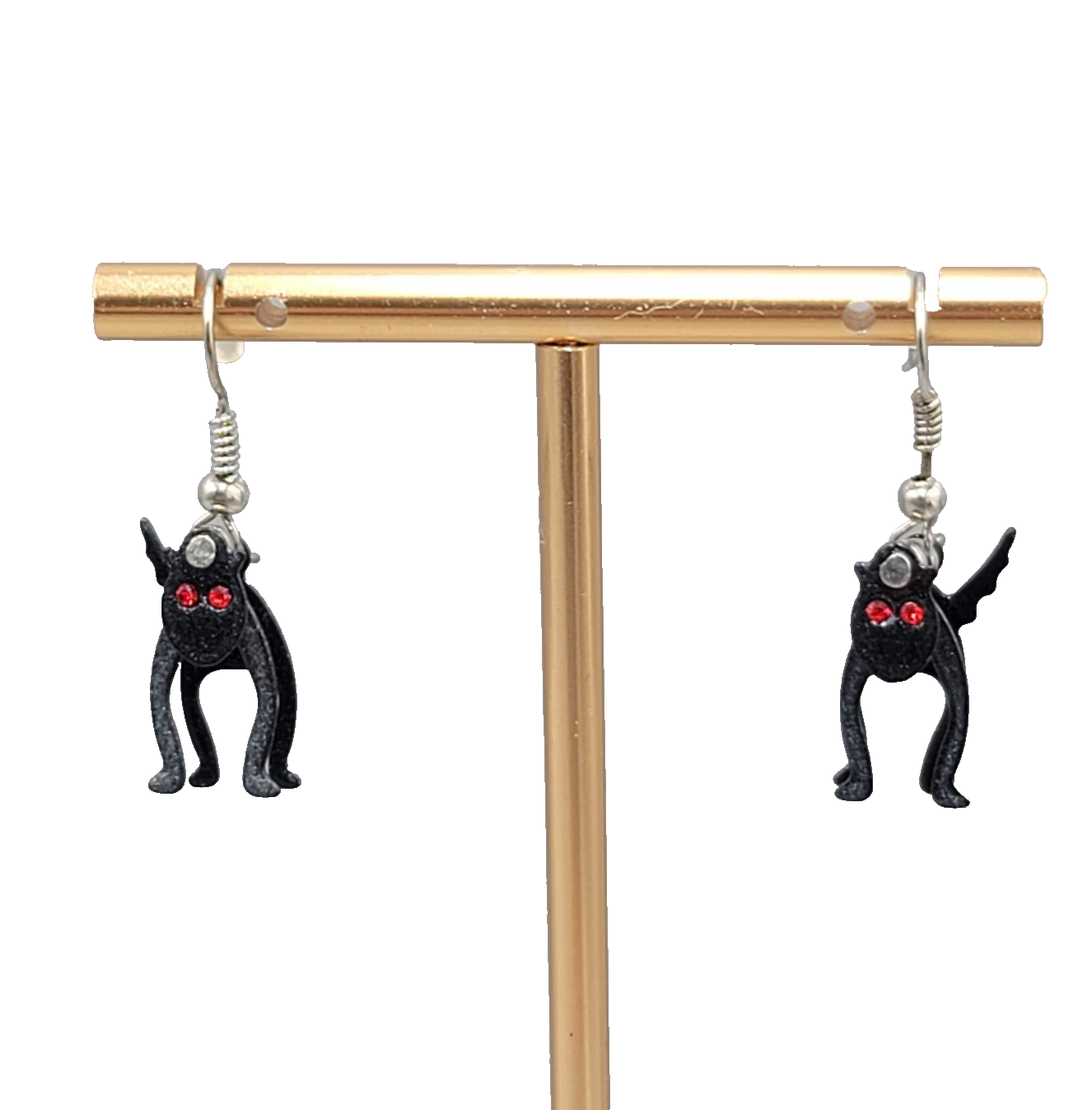 3D Black Cat Red Eyes Pierced Earrings Silver tone Dangle  3/4 in