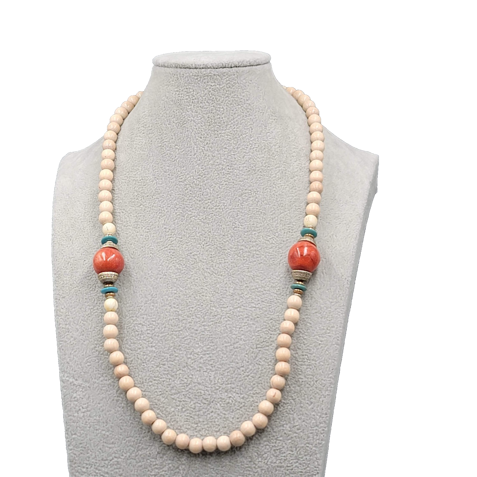 Vintage Coral and White Wood Bead Necklace Statement 24"