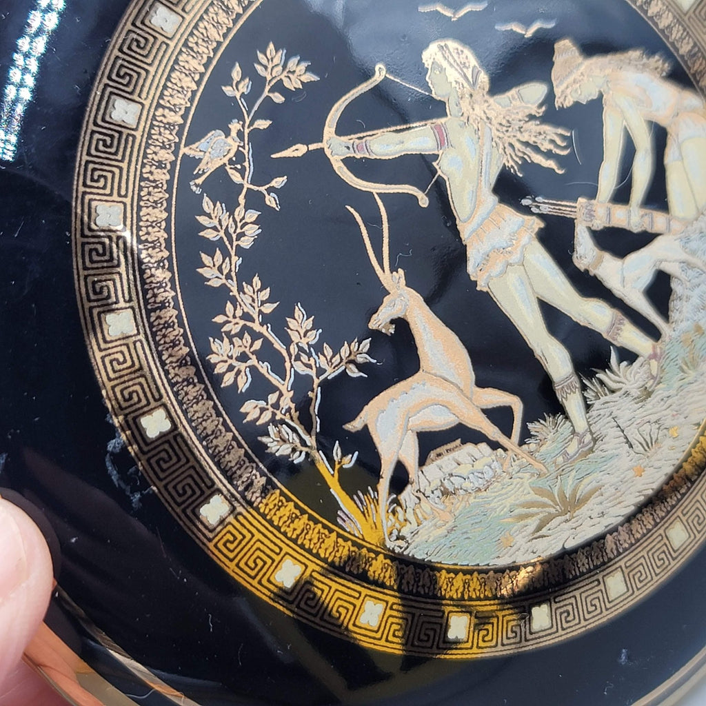 Fintias Greek Ceramic Lidded Trinket Jewelry Box Artemis Black 24K Gold Handmade
