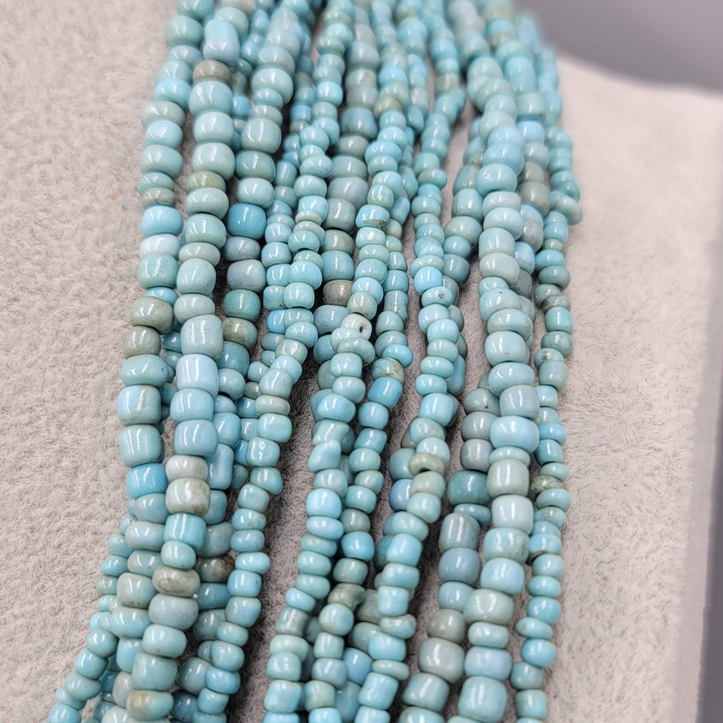 Artisan Necklace 14 Strand Blue Seed Bead Wood Clasp Statement 18"