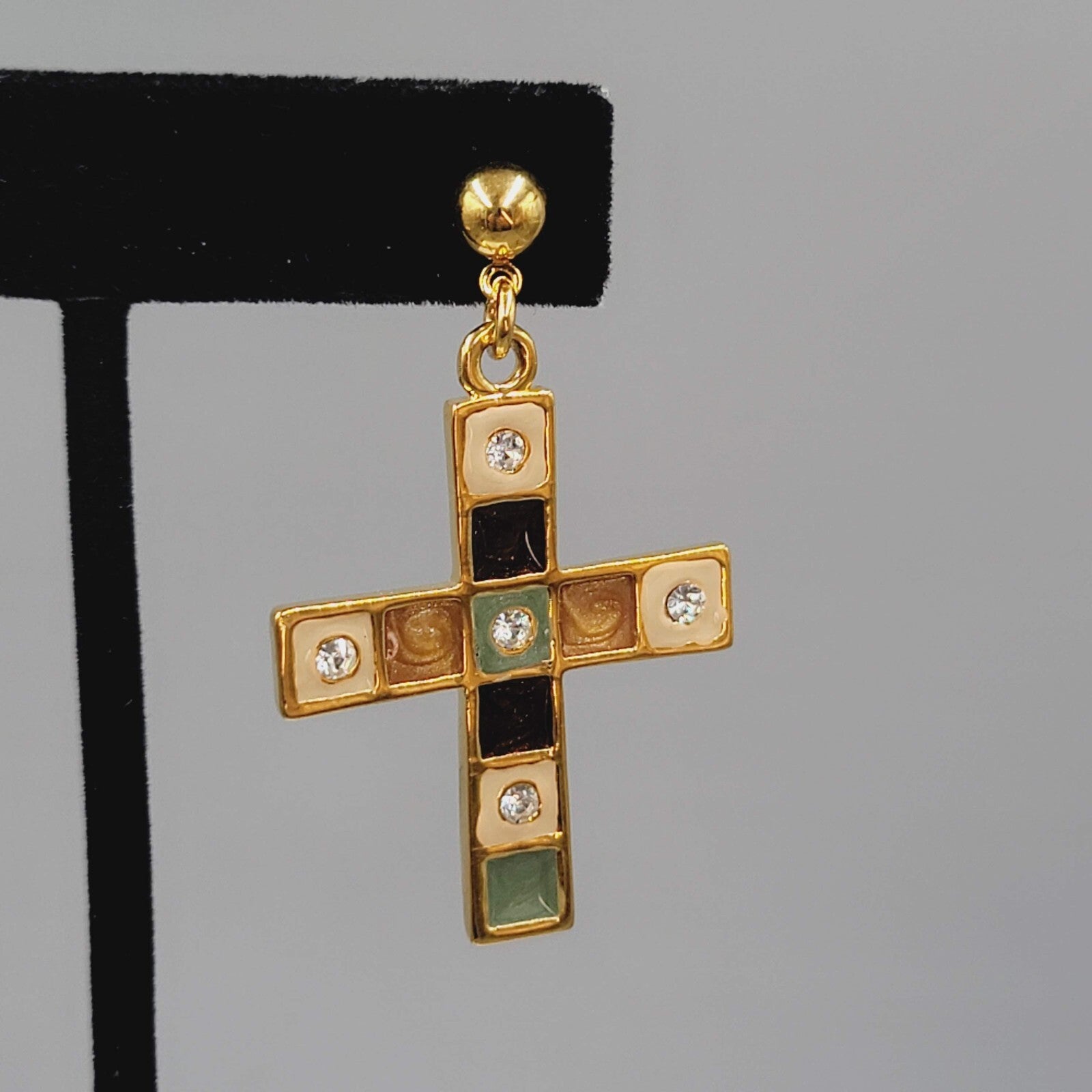 Cross Pierced Earrings Gold Plated Enamel Rhinestone Crystal Dangle 1.75"