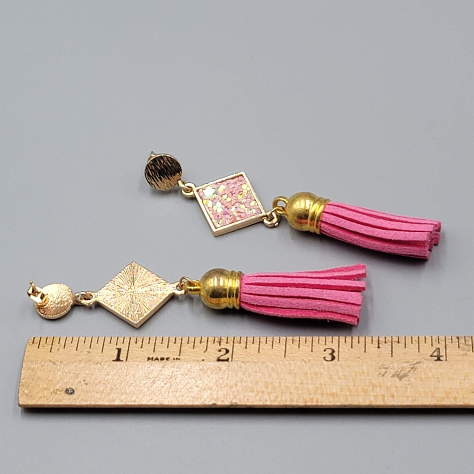 Pink Tassel Pierced Earrings Gold tone Dangle Long 3"