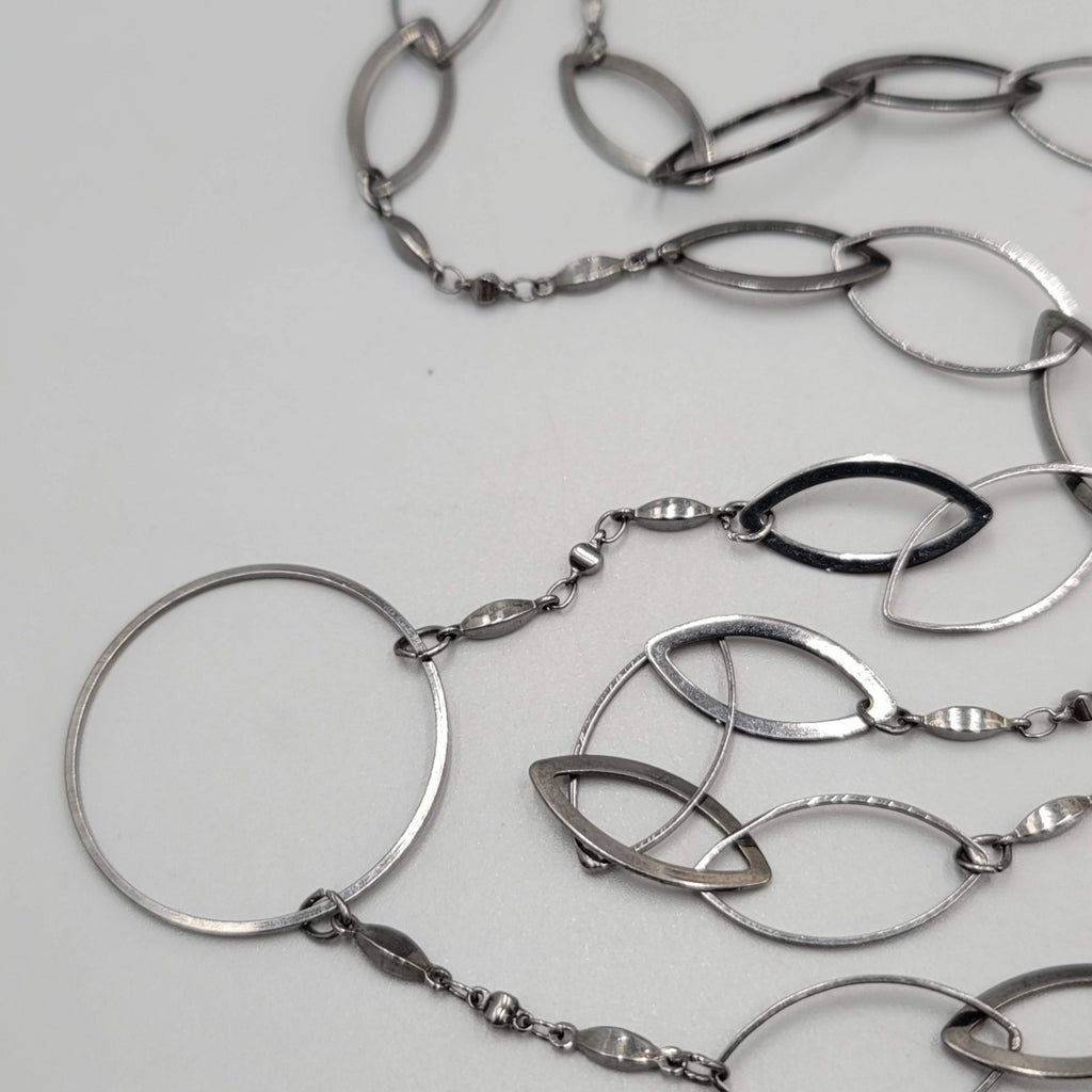 Long Thin Geometric Chain Necklace Gunmetal  Gray Black Metal 52"