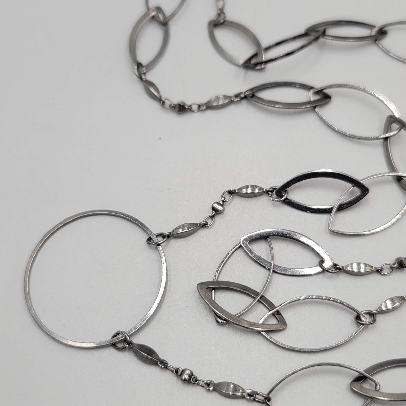 Long Thin Geometric Chain Necklace Gunmetal  Gray Black Metal 52"
