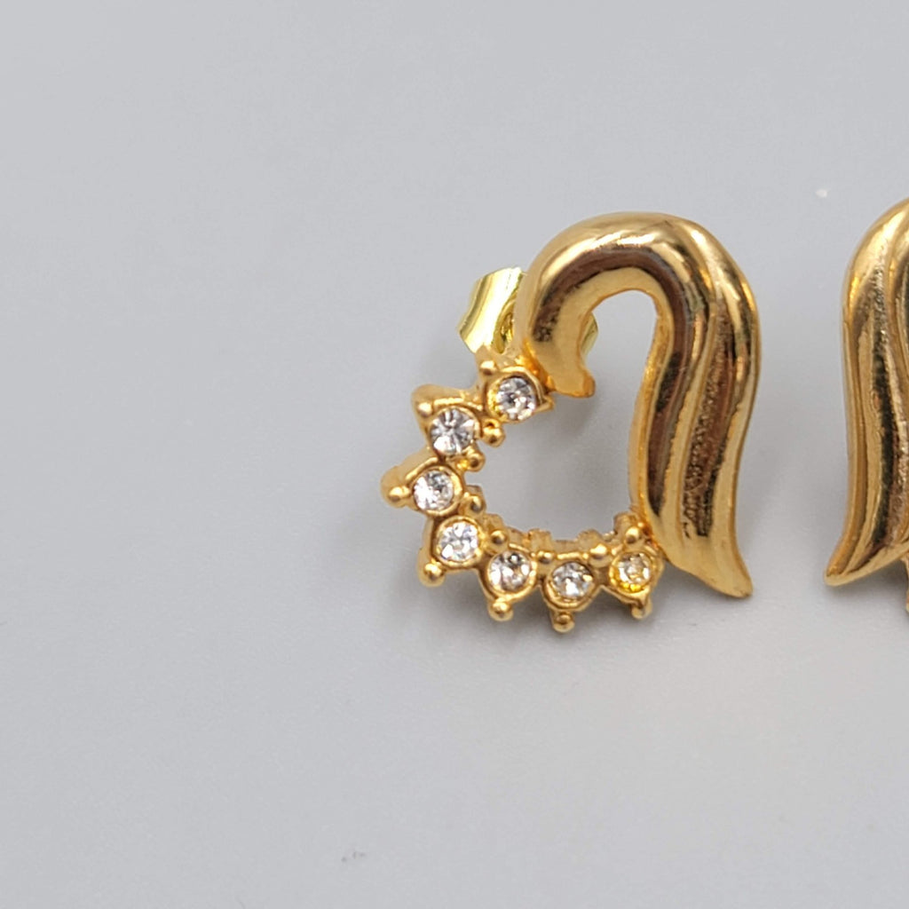 Vintage Open Heart Studs Pierced Earrings Gold Plated CZ 5/8"