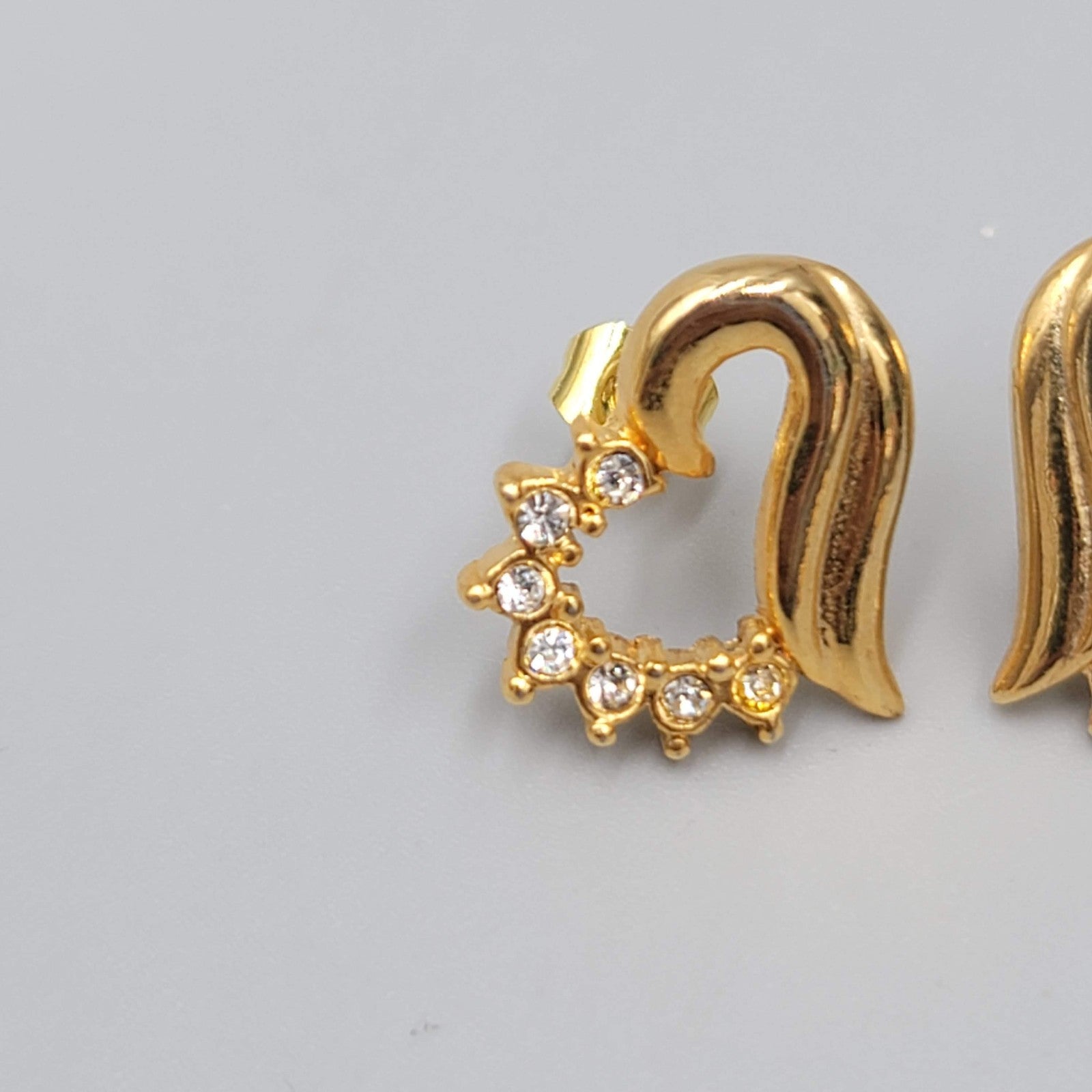 Vintage Open Heart Studs Pierced Earrings Gold Plated CZ 5/8"