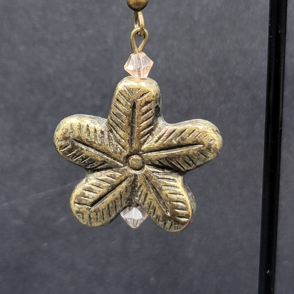 Flower Pierced Earrings Gold tone Pink Crystal Bead Dangle 1"