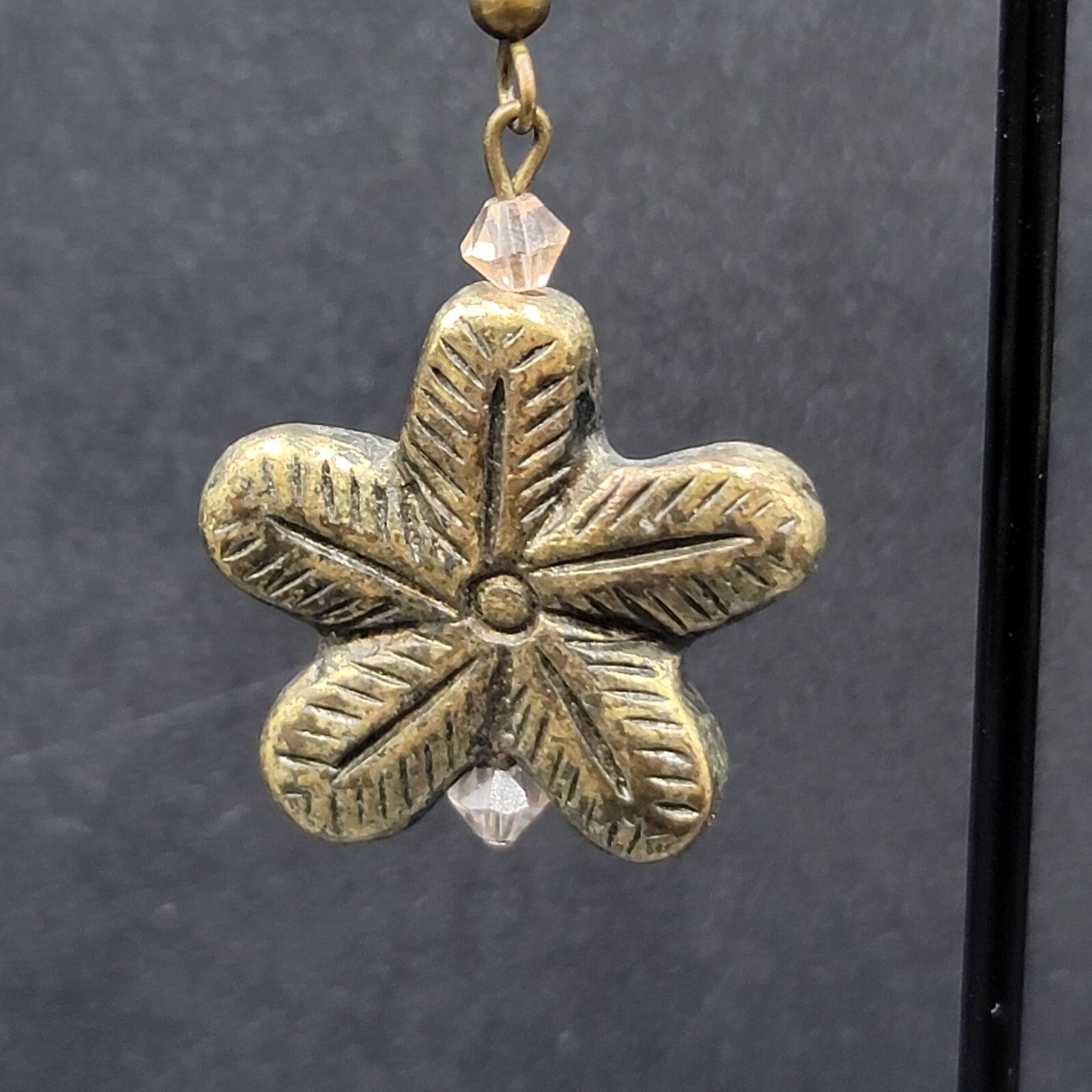 Flower Pierced Earrings Gold tone Pink Crystal Bead Dangle 1"