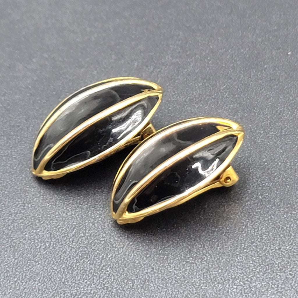 Vintage Clip on Earrings Gold Plated Black Enamel Drop Statement 1.25"