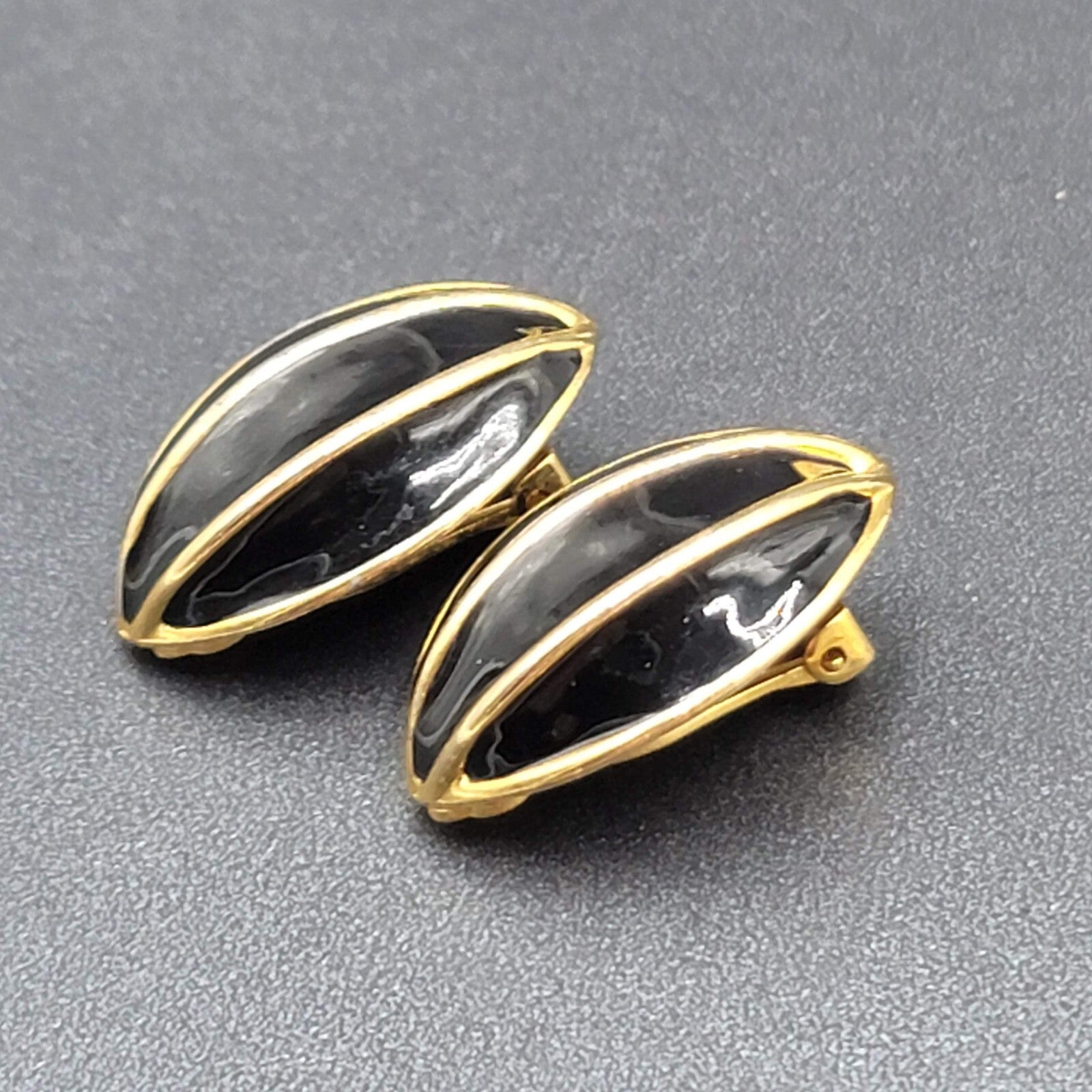 Vintage Clip on Earrings Gold Plated Black Enamel Drop Statement 1.25"