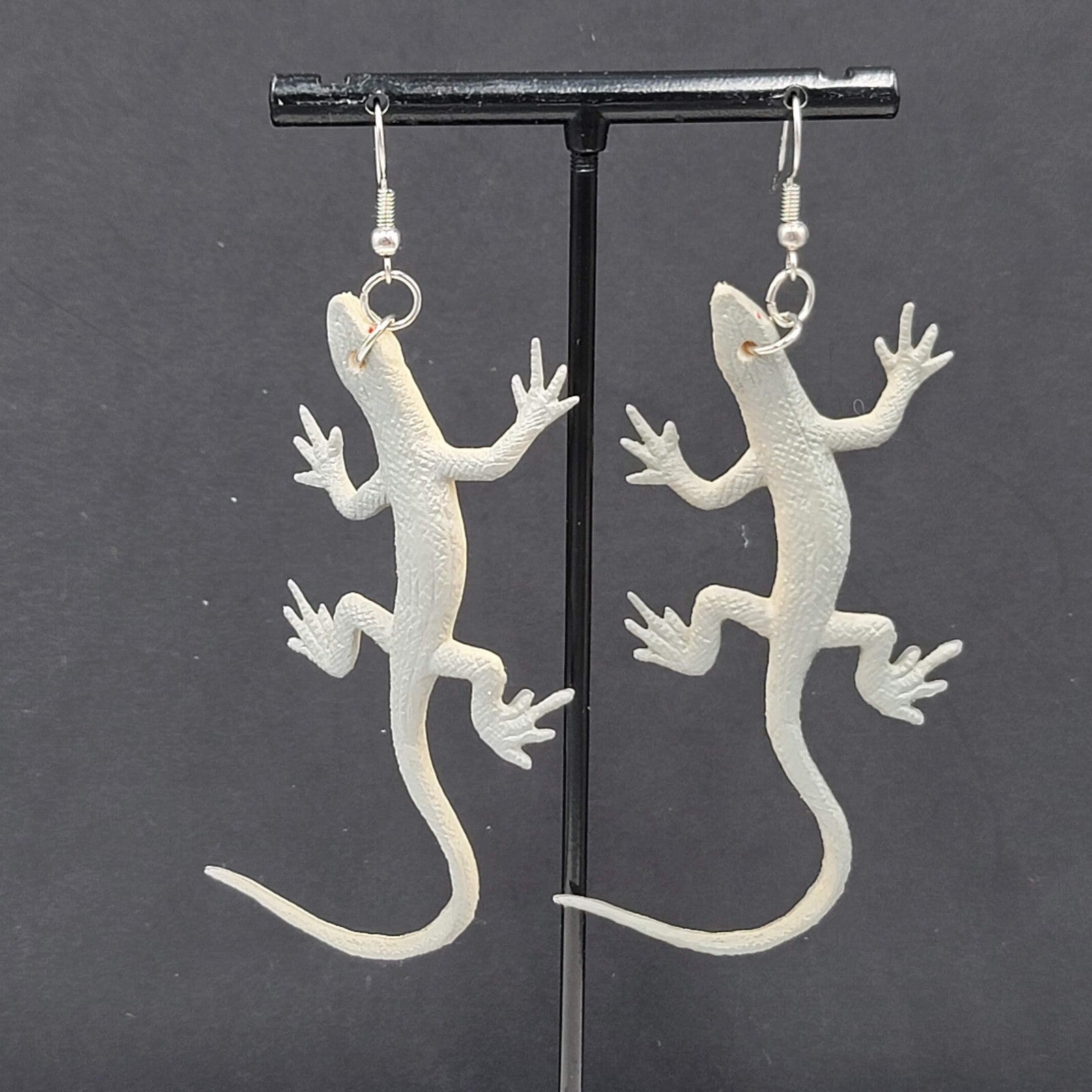 Gray Lizard Pierced Earrings Vinyl Dangle 2.75"